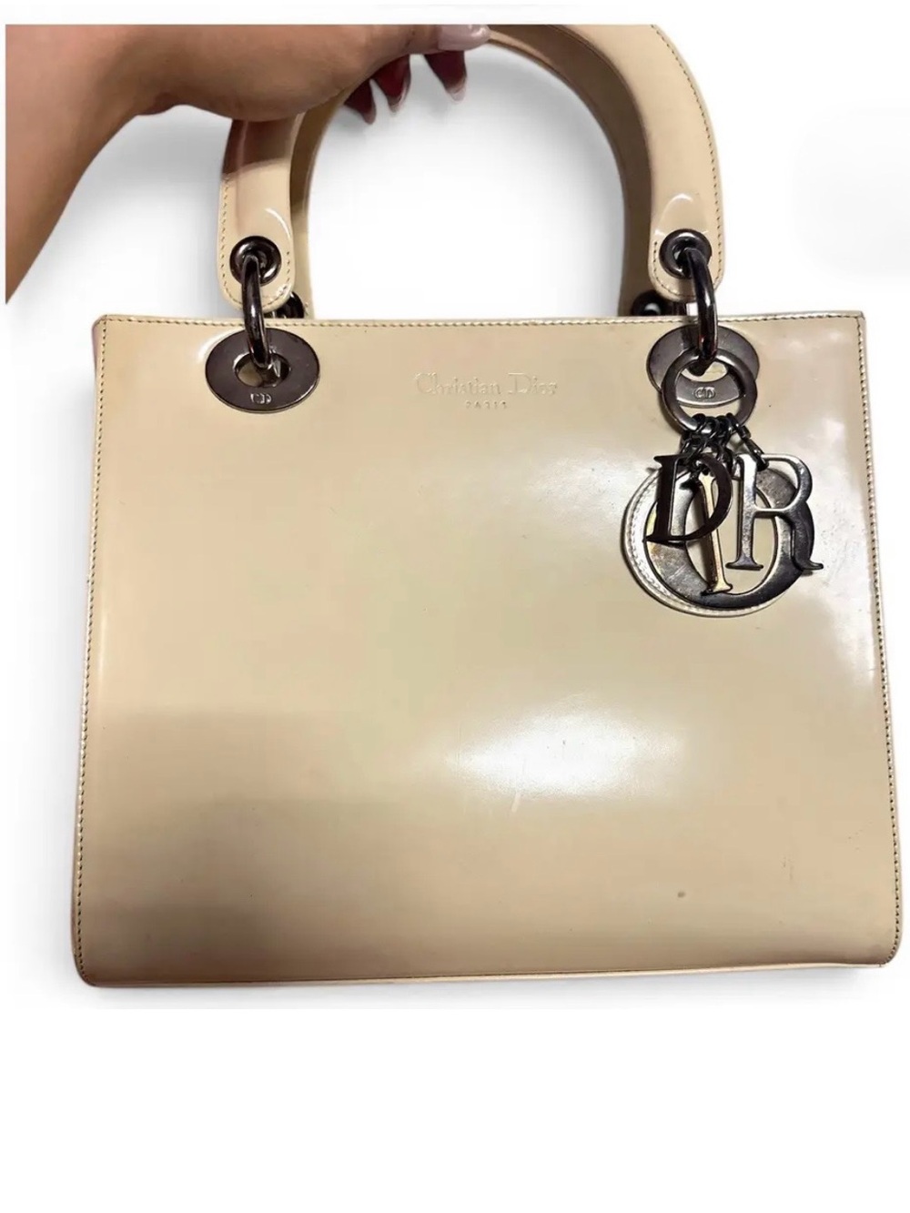 Lady Dior Small Patent Leather Satchel in Light Beige with Silver Hardware